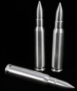 SILVER BULLET BULLION ROUND .308 CAL 6 OZ TOTAL: Lot of THREE (3) 2 oz. silver bullets (.308 cal.) modeled after the distinguished .308 Winchester rifle ammunition. Each contain .999 fine silver. THIS LOT HAS A RESERVE