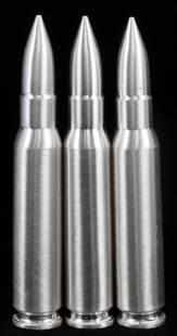 SILVER BULLET BULLION ROUND .308 CAL 6 OZ TOTAL: Lot of THREE (3) 2 oz. silver bullets (.308 cal.) modeled after the distinguished .308 Winchester rifle ammunition. Each contain .999 fine silver. THIS LOT HAS A RESERVE