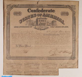 1863 CONFEDERATE STATES OF AMERICA $100 BOND SHEET: Hand signed and numbered. Includes one (1) bond certificate with seven (7) uncut remittance coupons attached below it. Embossed seal. Normal age wear with a few tears along edges and folds present. It