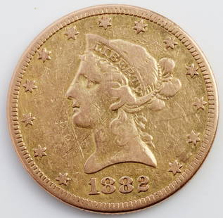 1882 GOLD $10 EAGLE LIBERTY COIN: One half ounce purity F grade. THIS LOT HAS A RESERVE