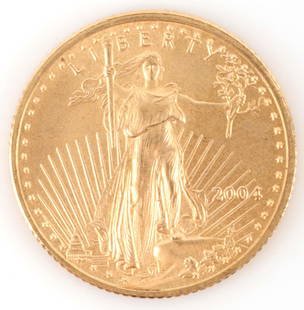 1/10TH AMERICAN GOLD EAGLE GOLD COIN 2004: Brilliant uncirculated, electronically tested purchased through refiner. THIS LOT HAS A RESERVE