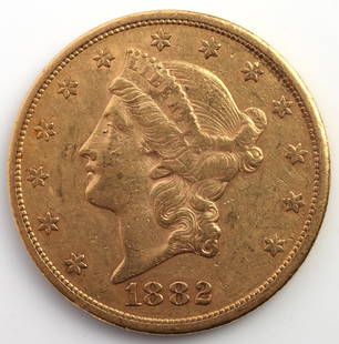 1882 S TWENTY DOLLAR LIBERTY HEAD GOLD COIN: Mint state details. Some bag marks in the field. Partial detail loss on hair. Minor wear on Liberty. 90% fineness. THIS LOT HAS A RESERVE