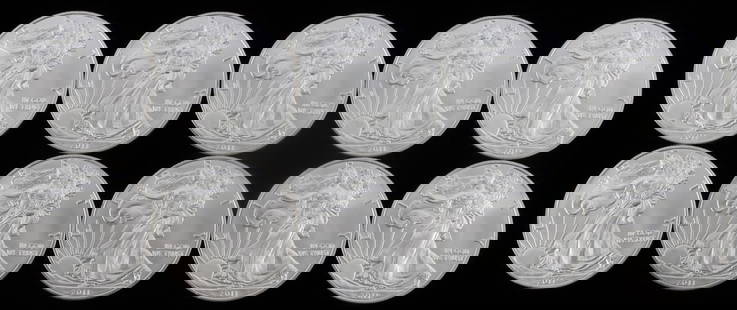 LOT OF 10 2011 SILVER AMERICAN EAGLE BU COINS: All brilliant uncirculated, .999 fine silver.