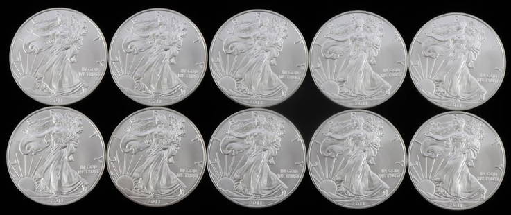 LOT OF 10 2011 SILVER AMERICAN EAGLE BU COINS: All brilliant uncirculated, .999 fine silver.