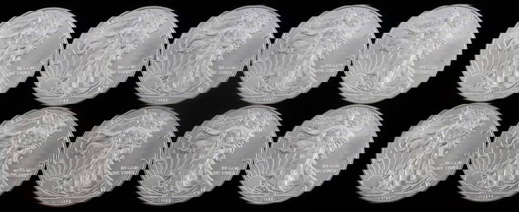 LOT OF 10 2011 BU SILVER AMERICAN EAGLE COINS: All brilliant uncirculated .999 fine