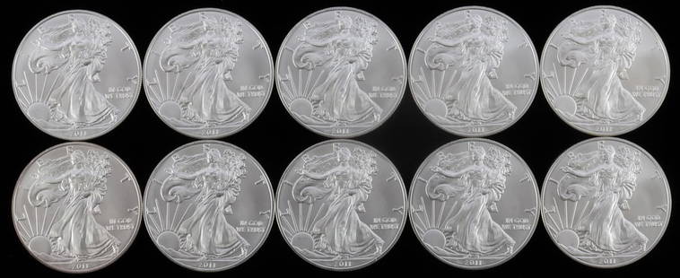 LOT OF 10 2011 BU SILVER AMERICAN EAGLE COINS: All brilliant uncirculated .999 fine