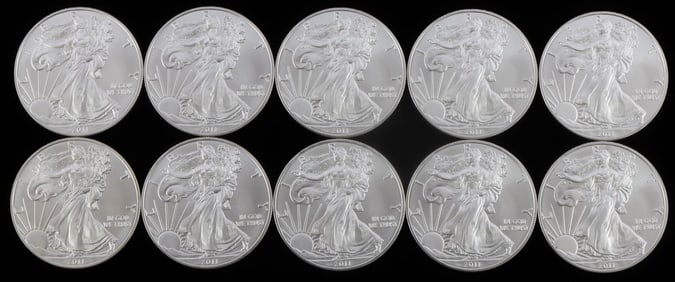 LOT OF 10 2011 BU SILVER AMERICAN EAGLE COINS