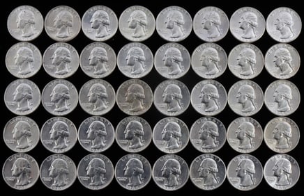 FORTY 90% SILVER COINS WASHINGTON QUARTERS BU