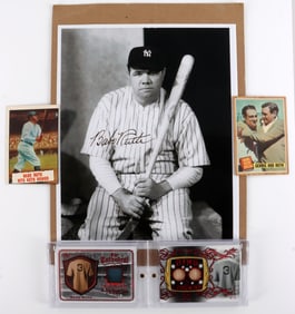 BABE RUTH PHOTO & BASEBALL CARD LOT OF 4