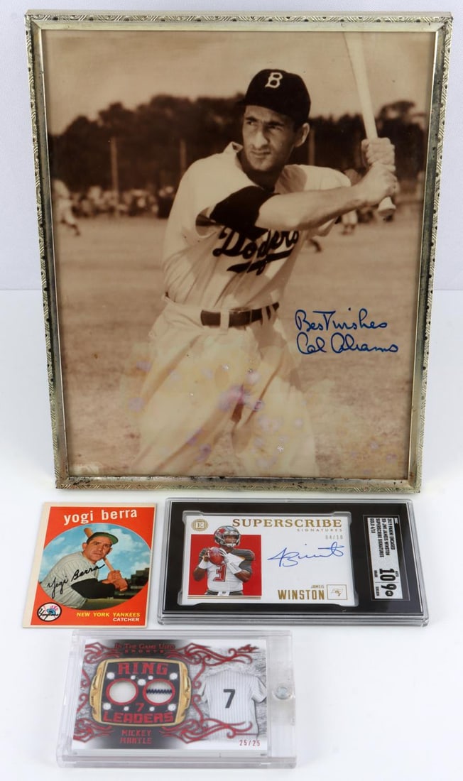 SPORTS LOT YOGI BERRA JAMIS WINSTON MICKY MANTEL: Yogi Berra 1959 Topps 180 CSG VG/Ex 4 cased card. Mickey Mantle In The Game Used Ring Leaders #7 25/25 card. Jamis Winston 2019 Gold signed card 4 of 10 from Panini Encased Superscribe Signatures Card
