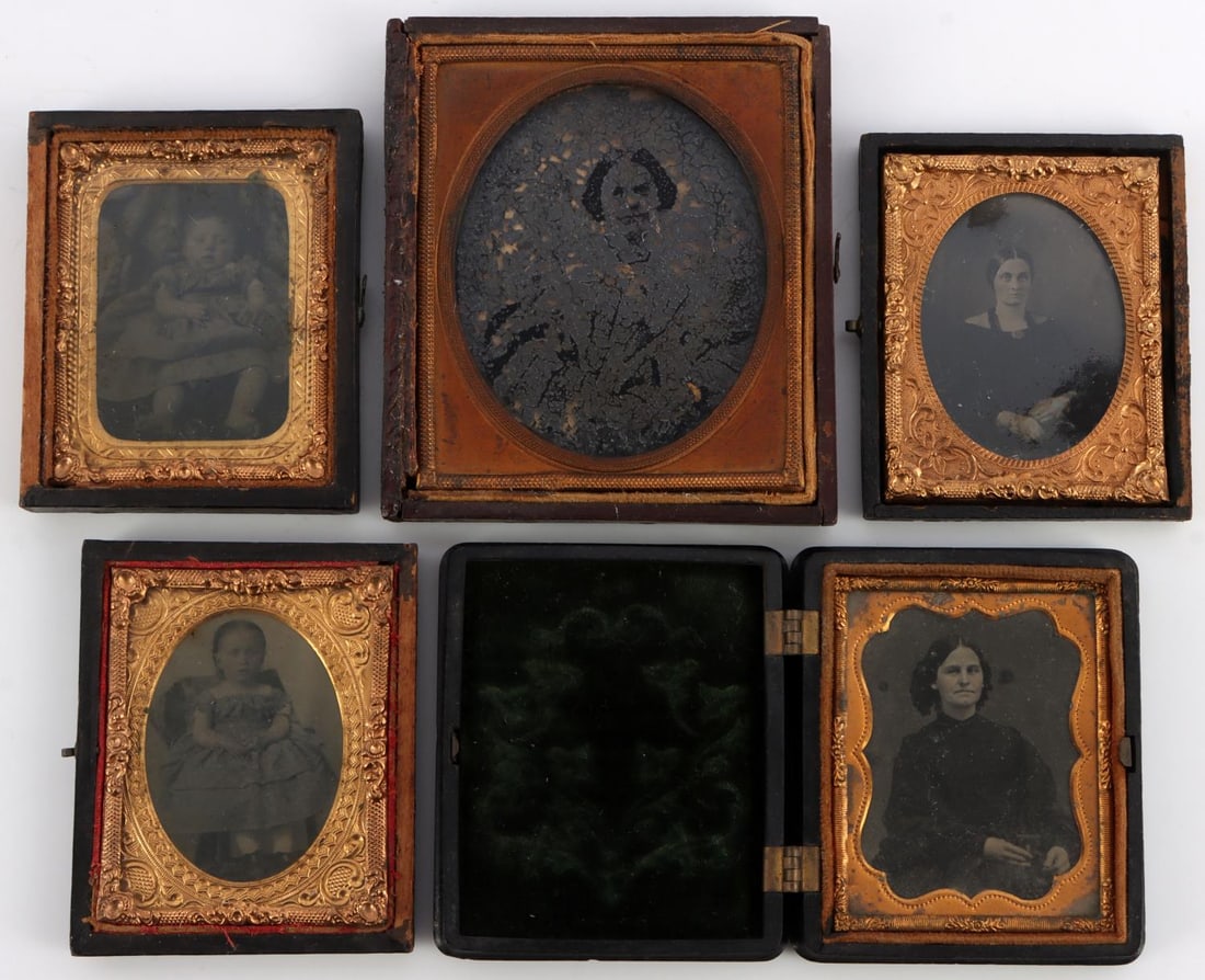 LOT OF 5 TINTYPE & AMBROTYPE PHOTOGRAPHS: This lot has 2 Ambrotype photos sixth and ninth size both of women and one is in cased with green velvet lining. 3 sixth size Tintypes 2 of children and 1 of a woman. The sixth size is in good conditi