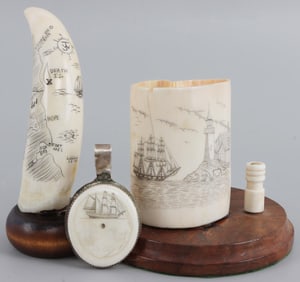 3 WHALE TOOTH SCRIMSHAW DESK ORNAMENTS & PENDANT