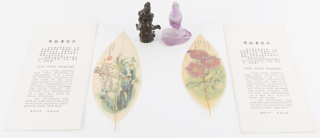 TWO CHINESE LEAF VEIN PAINTINGS & STATUES