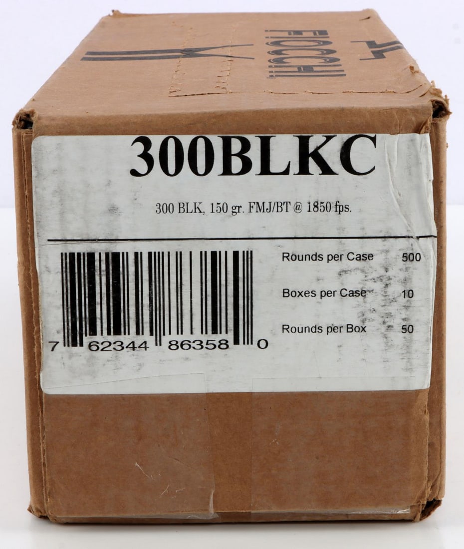 500 ROUNDS OF FIOCCHI 300 BLACKOUT 150 GR AMMO: Comes in one case carrying ten boxes of fifty rounds each of Fiocchi, 300 AAC Blackout, 150 grain, full metal jacket boat tail ammunition. No international shipping. THIS LOT HAS A RESERVE