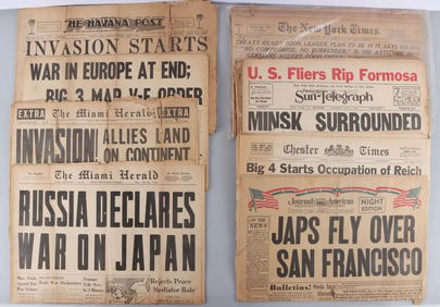 LOT OF 8 ORIGINAL WWII & WWI NEWSPAPERS