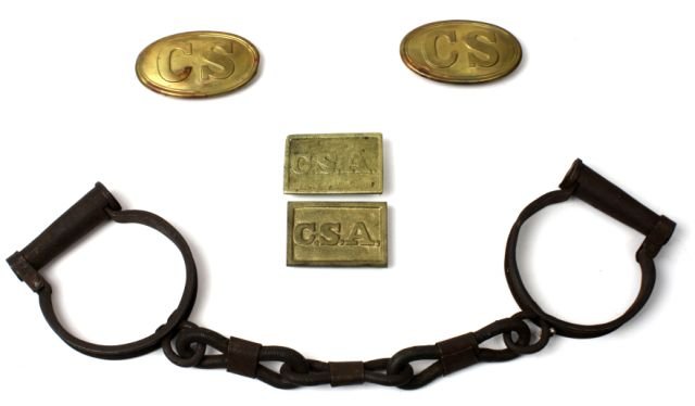 CIVIL WAR CUFF IRONS & CSA REENACTOR BELT PLATES: Four CSA belt plates and cuff irons all reenactor lot.