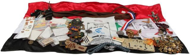 EX DEALER STOCK MILITARY COLLECTIBLES WWII TO GULF: Large dealer-stock of militaria including 22.2 grams sterling hat badge WWII POW letters from British camps, USMC and Navy button collection, rank insignia from WWII forward, medals, cap badges, Big R