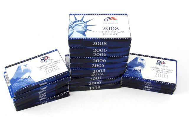 US MINT PROOF SET LOT 21 CLAD SETS 1999 TO 2008: Collection of proof sets, all clad full sets with separate & additional quarter sets, full sets are years 1999,2000, 2001, 2002, 2003, 2005, 2006, 2006, 2006, and 2008, quarter sets include , 1999, 20
