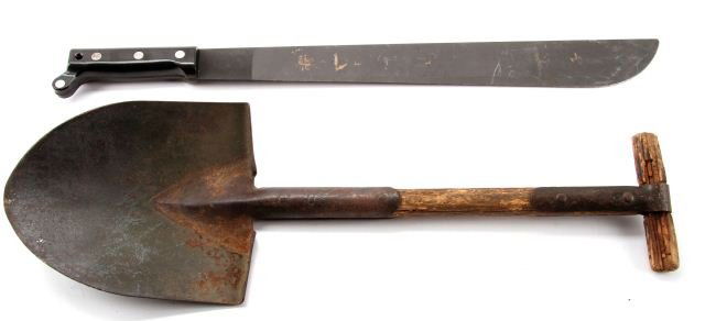 WWII USMC MK 2 MACHETE & AMES 1943 E TOOL: WWII US 1944 dated machete, marked "USMC MK2 1944 S. W. I.", in unissued condition, and well used Ames 1943 entrenching tool.