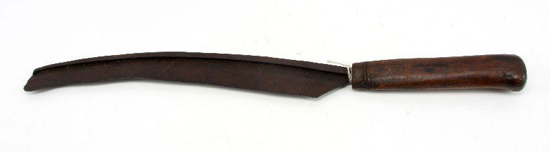 HAND MADE CANE MACHETE OR HAND SCYTHE: Hand-made cane machete, forged from scrap steel. 15 inch curved blade with wood handle.