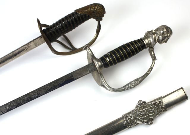 LOT OF 2 FRATERNAL ORDER SWORDS: Lot of two fraternal order swords. One Patriotic Order Sons of America sword, with blade marked E & F Horster, Solingen, and "William C Rowland, Philla, PA" on obverse. Also one other unattributed fra