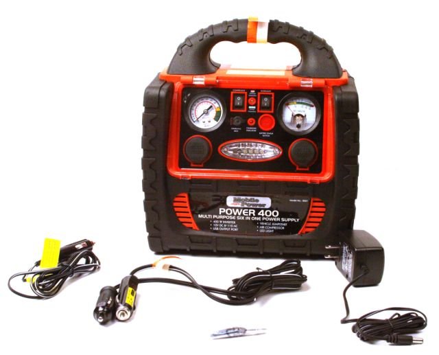 MOBILE POWER 400W 6IN1 POWER STATION: Mobile Power Station. 400w 6-in-1 AC and DC power supply with vehicle jump-start boosting system, 140-watt power inverter with an AC outlet, Two 12V covered outputs, 100 psi air compressor, 12V 8Ah re
