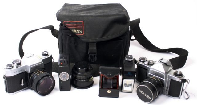 YASHICA & PENTAX SLR CAMERAS WITH SEVERAL LENSES: Single-Lens Reflex cameras: Yahica TL-Electro and Asahi Honeywell Pentax H1a; two flashes: Honeywell Strobonar 100 and JCPenny Electric Strobe; lenses: Yashika Yashinon-DS 50mm, Asahi Super-Takumar 55