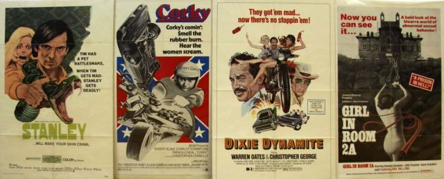 VINTAGE MOVIE POSTERS STANLEY CORKY GIRL IN 2A: William L. Rose's Girl in Room 2A (1974); Chris Robinson in Stanley (1972); Robert Blake in Corky (1972); and Warren Oates and Christopher George in Dixie Dynamite (1976). All posters measure approxim