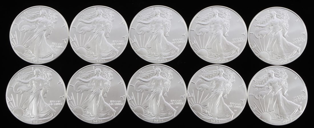 10 AMERICAN SILVER EAGLE 1 OZ SILVER DOLLAR COINS: Mixed dates. Electronically tested from the refinery. Guaranteed. This lot has a reserve.