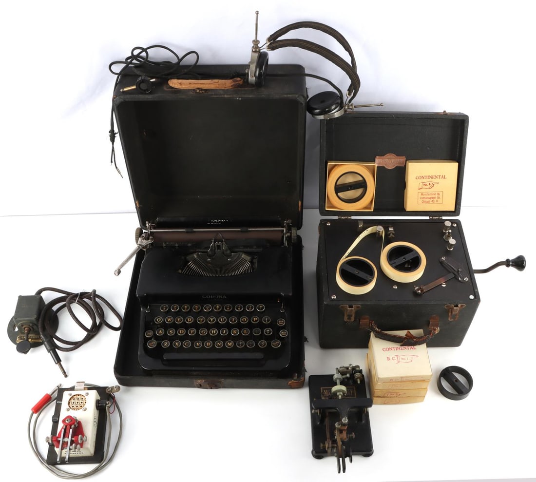 TELEGRAPH KEY INSTRUCTOGRAPH CORONA TYPEWRITER: From the estate of a large Telegraph collector includes a Coronal Standard working typewriter written on case For Morse Code device, 2 Keys, headset, Instructograph with extra code tape. Sold as is. T