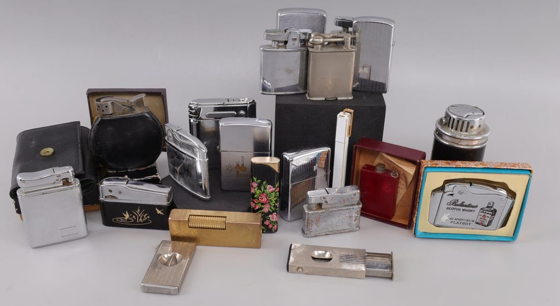 LOT 21 VINTAGE LIGHTER CIGAR CUTTER ZIPPO RONSON: Nice collection, Ballentines scotch NIB, Zippo, 2 Rostfrei & Solingen cigar cutters, some better and scarce issues.