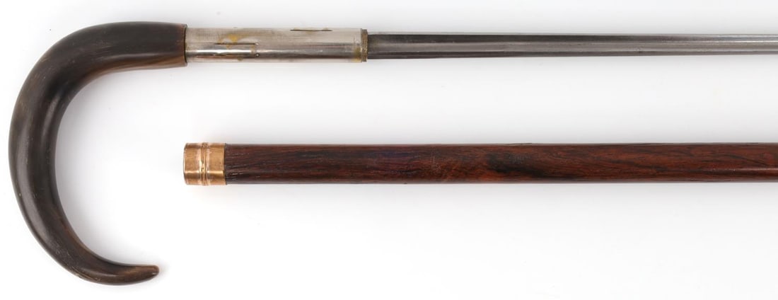 ANTIQUE SWORD BAYONET WALKING STICK CANE: Has quatrefoil, possible French bayonet conversion, with horn grip and the blade it measures 25 inches, overall 36 inches, with brass ferrule tip, very good original condition.