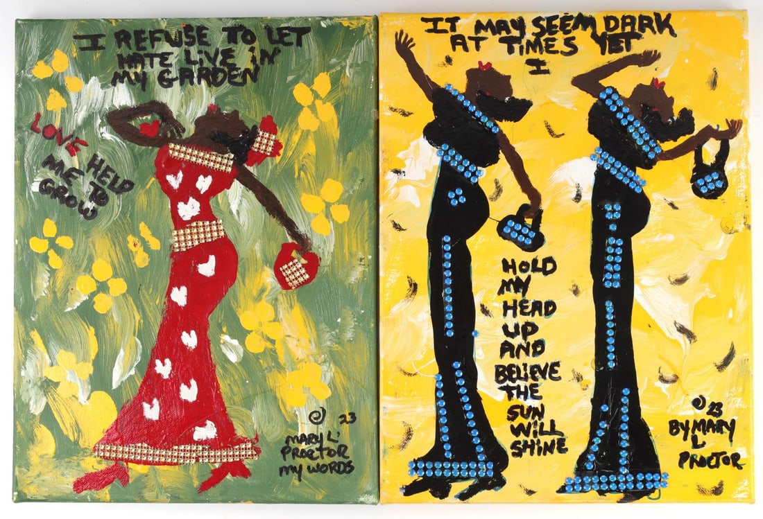 MARY PROCTOR BLACK AMERICANA FOLK ART LOT OF 2: Two original pieces on canvas by "Missionary" Mary L. Proctor (1960- ), American artist, best known for her inspirational paintings, collages, and assemblages. As per Wikipedia, Museums holding her wo