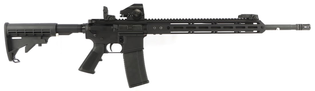 CUSTOM PALMETTO STATE PA-15 AR RIFLE 5.56 PLATFORM: Bore is bright and clear. Mechanically very good, functions without issue. Includes Pinty red dot sight, adjustable stock, Magpull flip-up iron sights, 21-inch barrel. FFL required for transfer. No in