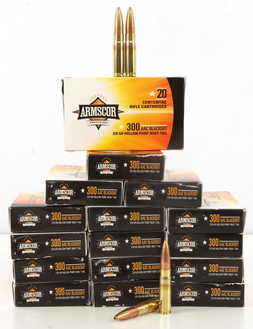 320 ROUNDS OF 300 AAC BLACKOUT HP BOAT TAIL AMMO: Brand new in sixteen (16) boxes of twenty (20) rounds each. Hollow point boat tail, 220 grain. No international shipping.