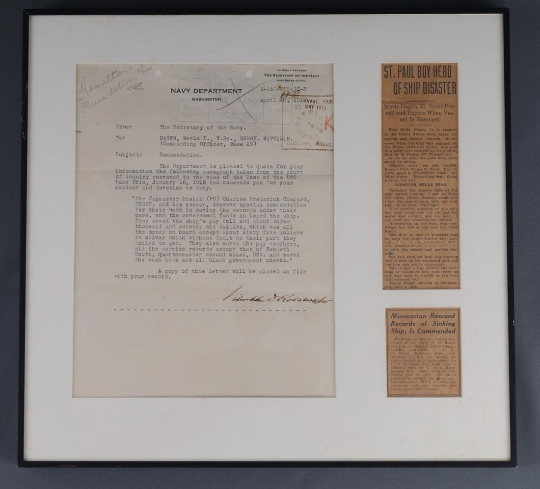 FRANKLIN ROOSEVELT SIGN COMMENDATION USS LAKE ERIE: Roosevelt in 1919 as Secretary of the Navy, signed Commendation to Merle E. Hagen Yeoman on board the USS Lake Erie for saving pay records of the sinking ship off Wales. Measurements: 14 X 14 inches (
