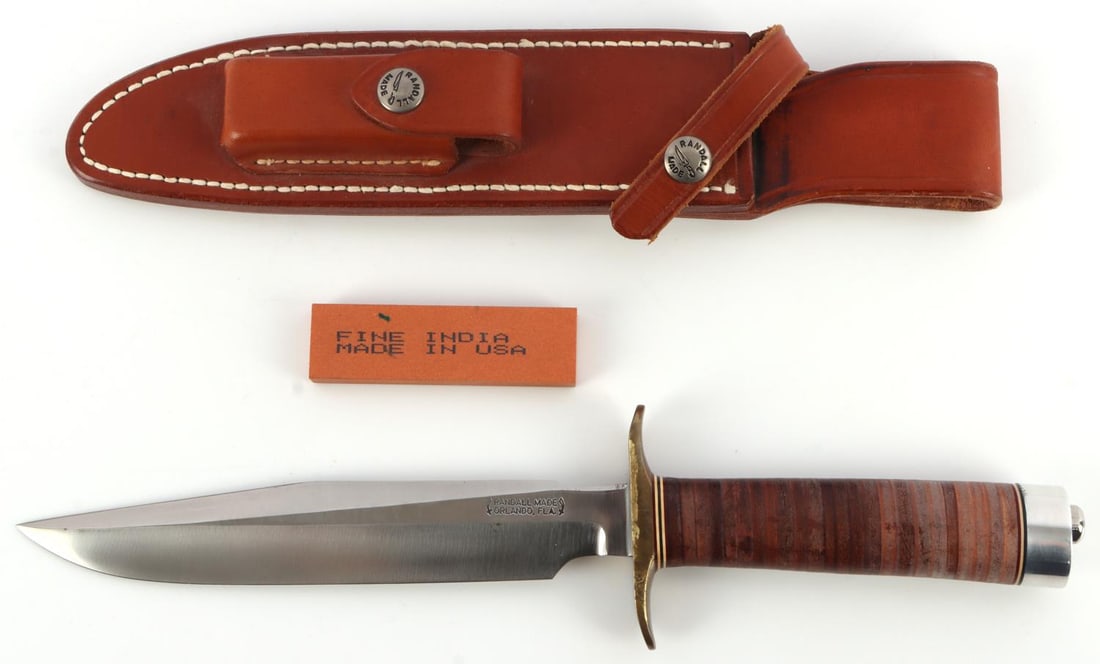 RANDALL MADE FIGHTER MODEL 1 KNIFE SAPPER OWNED: Randall model 1 - 7 with leather sheath. Brass crossguard , leather bound grip, and aluminum pommel. 5 inch handle. Reverse engraved with "sapper 6 June 93 - June 95".Previously owned by a combat engi