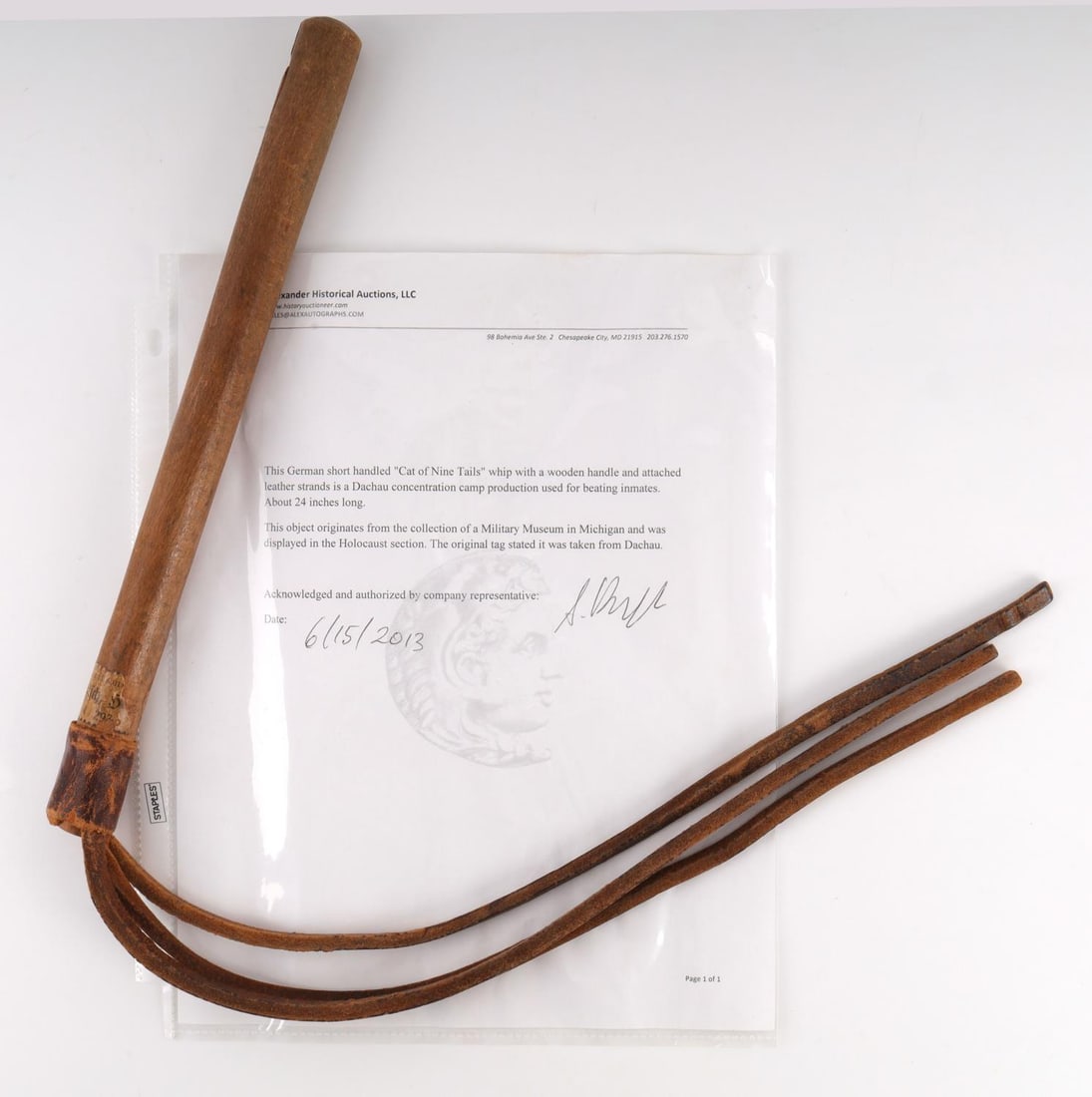 CAT O NINE TAILS SHORT HANDLE WHIP FROM DACHAU: With a letter COA from Alexander Historical Auction stating "This object originates from the collection of a Military Museum in Michigan and was displayed in the Holocaust Section", has what appears t