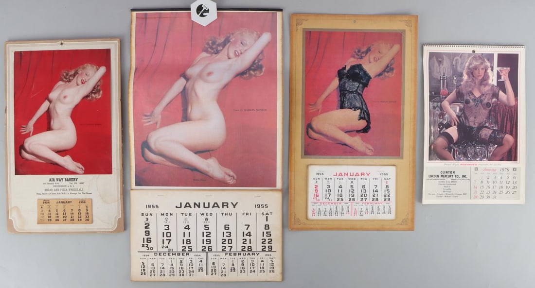 LOT VINTAGE NUDIE CALENDARS 3 MONROE & 1 PLAYBOY: Lot of FOUR (4) vintage "nudie" calendars. Includes one (1) 12 X 8 inch 1979 Playboy's Playmates calendar for "Clinton Lincoln Mercy Co. Inc.", one (1) 15 X 9 inch 1954 Marilyn Monroe calendar for "Ai
