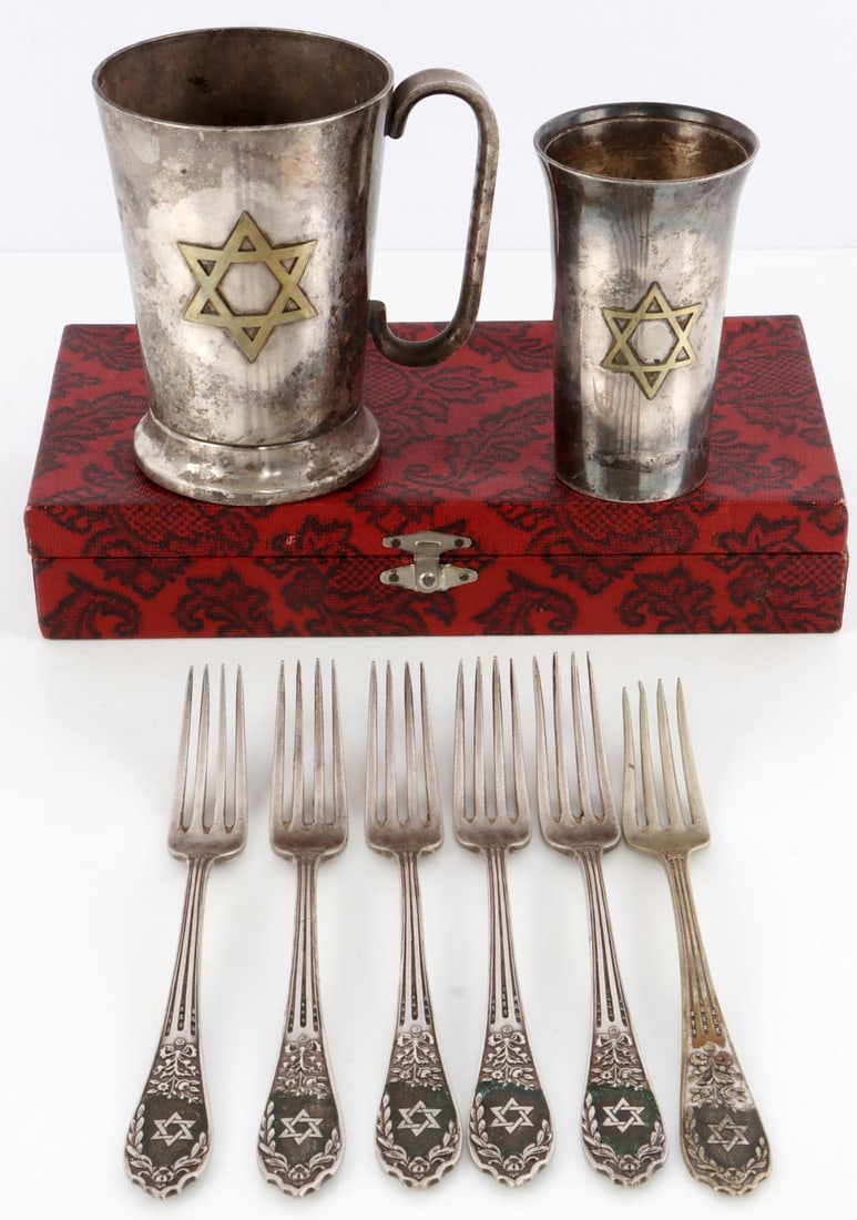 8 WWII GERMAN JEWISH STAR OF DAVID SILVER LOT: Lot of eight (8) WWII German Jewish Star of David silver dinnerware including six forks in case and two cups. Each item features the Star of David. Forks feature floral design and are marked, "R. LINK