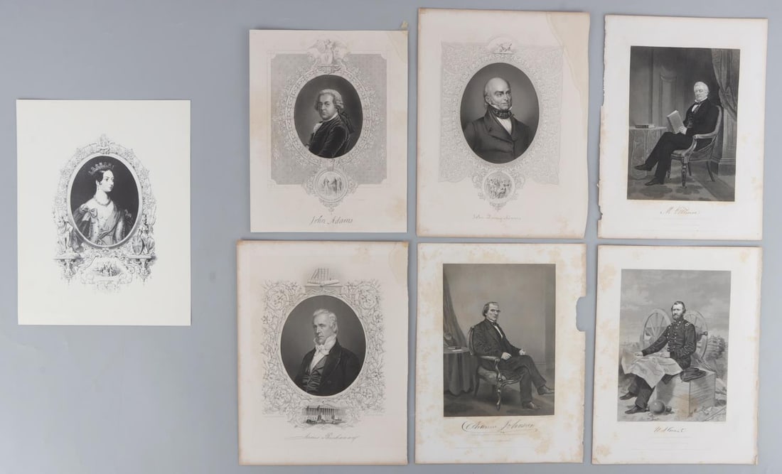 LOT OF 7 LITHOGRAPHS PRESIDENTS GRANT ADAMS 19TH C: 19th century lithographs. Each measures 8.5X11 inches. Portraits of Andrew Johnson, M. Filmore, U.S. Grant, published by Johnson Fry & Co. Publishers, New York. Portraits of John Adams, John Quincy Ad