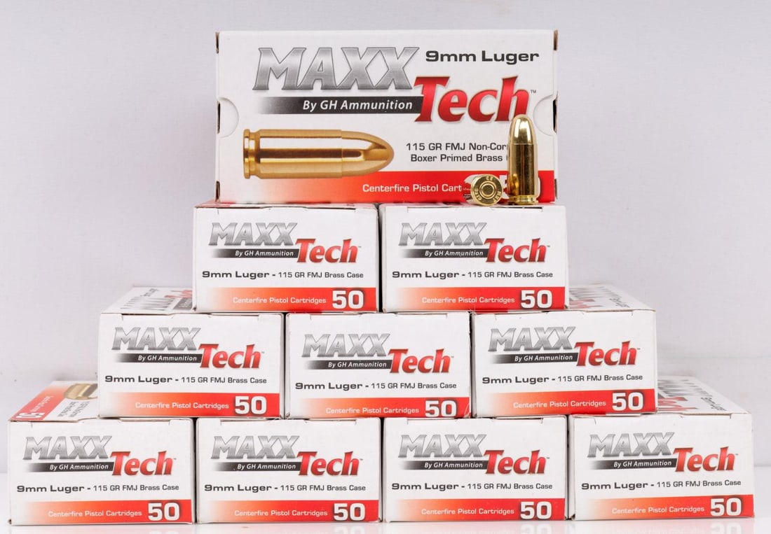250 ROUNDS OF 9MM FMJ MAXX TECH AMMO: Comes in five (5) boxes of 50 rounds each. 115 grain. Brass case. 0