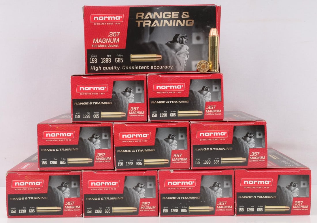 500 ROUNDS OF NORMA .357 MAGNUM 158 GR AMMUNITION: Comes in ten boxes (10) of fifty (50) rounds each of Norma Range and Training, .357 MAGNUM, 158 grain 1398 fps, full metal jacket pistol cartridges. No international shipping. This lot has a reserve.
