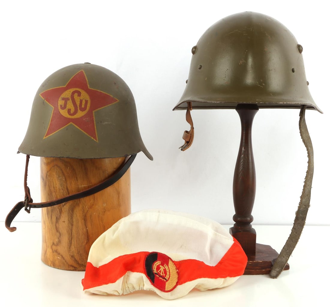 M34 SPANISH CIVIL WAR & BULGARIAN COMBAT HELM LOT: Both very good original condition, also a Eastern Bloc helmet cover. 0