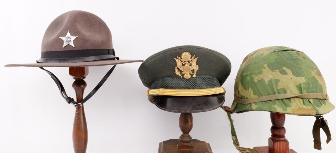 VINTAGE US ARMY OFFICER'S DRESS HAT HELMET LOT: US Flight Ace green felt officers hat from Berkshire DeLuxe size 7 1/4. Beaver 3XXX Grey Felt Hat Size 7 3/8 with Deputy Sheriff Orange County Vermont badge. U.S. M1 helmet and liner. Stamped Ground T