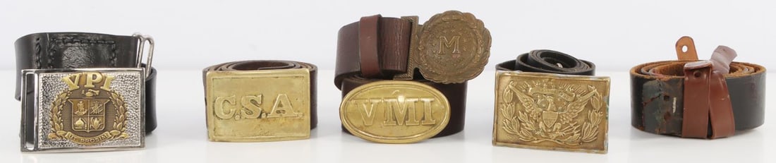 TWO CIVIL WAR REENACTOR CSA BUCKLES & MORE: The Confederate belt buckles include one marked "C.S.A", the other marked "Confederate States Marine Corps". Includes three other leather belts and three buckles. All reproductions or modern. 0