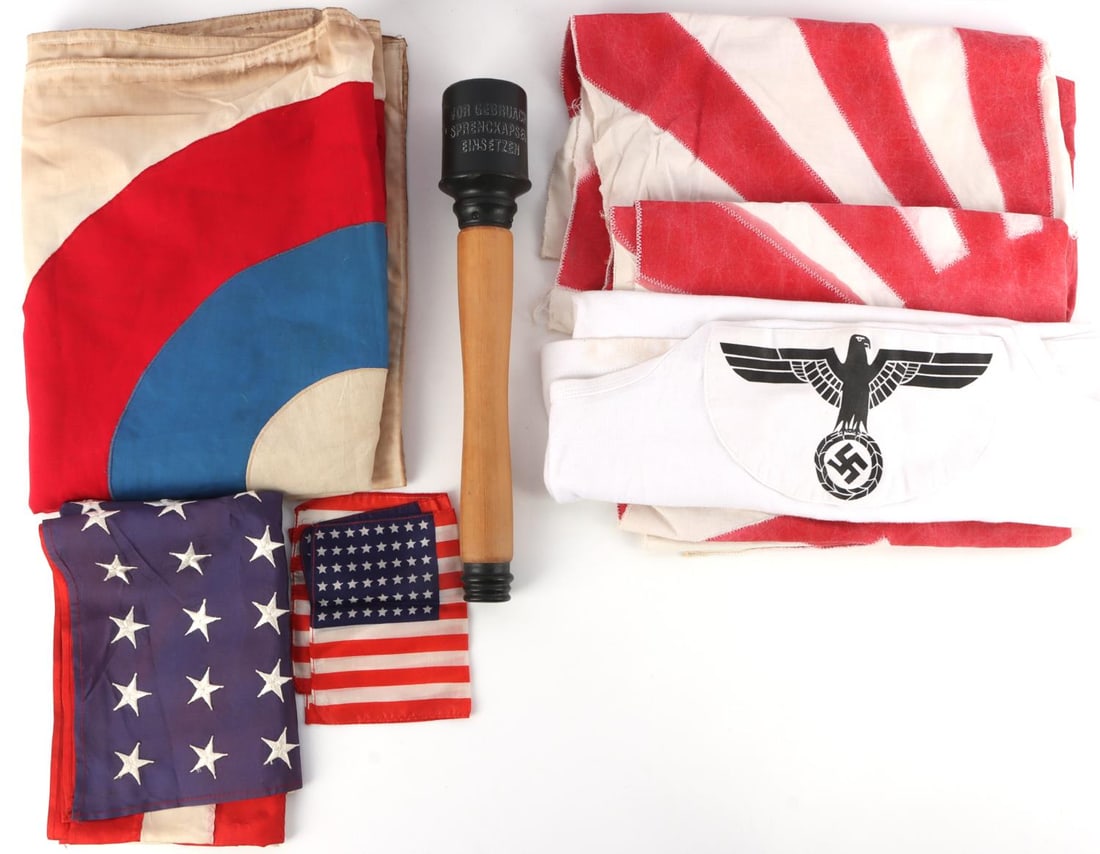 LOT OF 8 WWII FLAGS GERMANY JAPAN USA HANDGRANADE: Lot of 8 WWII items. Includes 2 Japan Rising Sun flags (24X35 inches), German training stielhandgranate (14 inches long), American 3rd Army 4th Infantry "Ivy" flag with roundel on reverse side (27X42