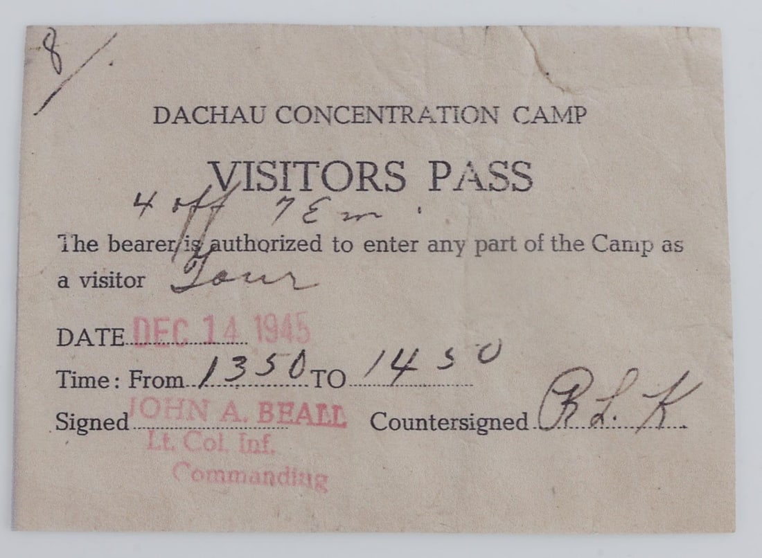 1945 DATED DACHAU CONCENTRATION CAMP PASS: Very good original condition, dated December 1945. 0