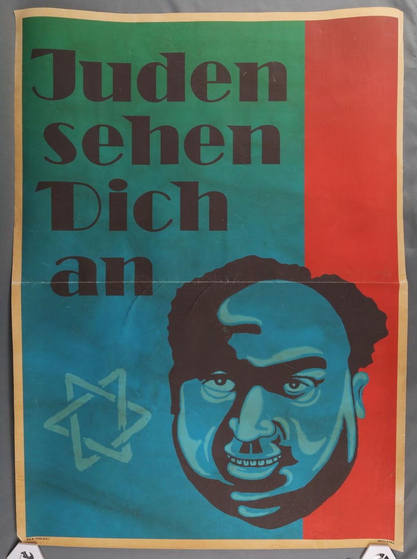 WWII GERMAN THIRD REICH PROPAGANDA POSTER GRADIENT: WWII German Third Reich anti-semitic propaganda poster with blue green gradient. Text, in German, "Jews are looking at you." Unauthenticated, sold as-is. 0