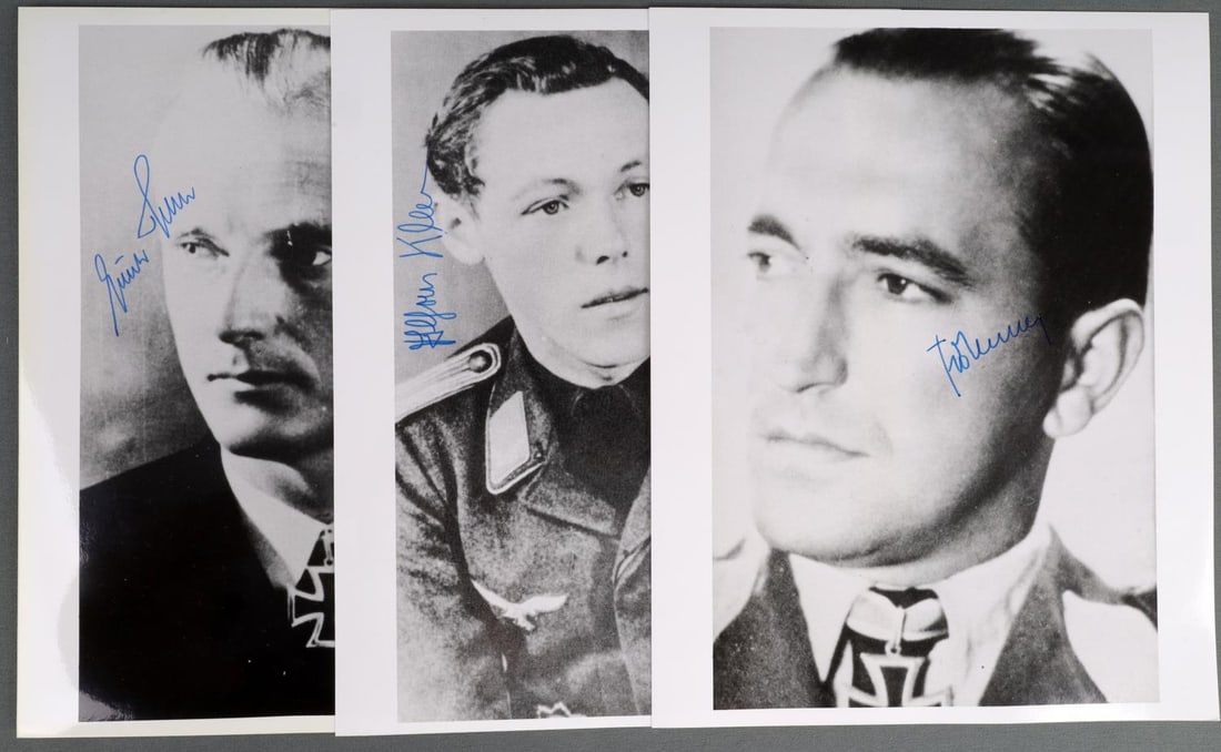 WWII GERMAN REICH HESSLER & BOHLEIN SIGNATURES: Includes signatures from U-boat captain U-107 Gunter Hessler, and highly decorated Fallschirmjager Rudolf Bohlein, and a yet unidentified Luftwaffe pilot. All in good condition. Signed in blue pen. 0